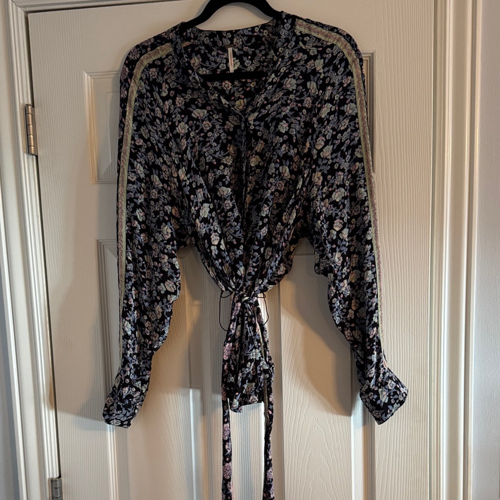 Free People Black Floral Tie-Front Blouse